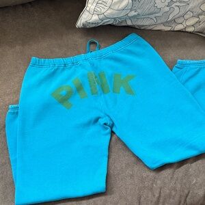 PINK Victoria's Secret Turquoise Sweatpants with Green Logo